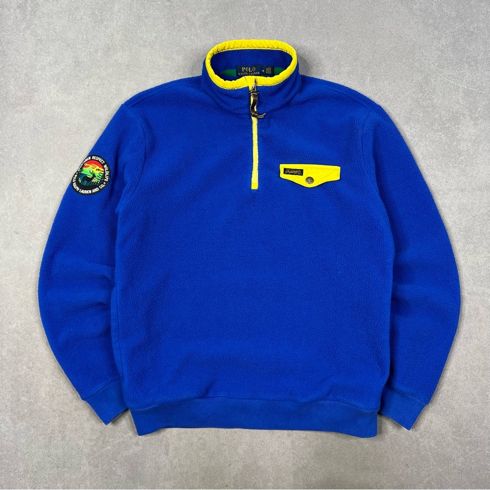 Polo by Ralph Lauren Blue Zip Up Sweater with High Collar and Yellow Trim
